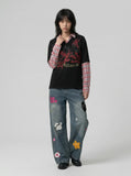Faux-layered long sleeve plaid top — model photo
