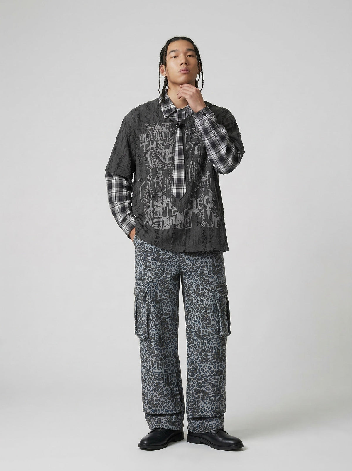 Grunge graphic long-sleeve shirt with plaid details — model photo