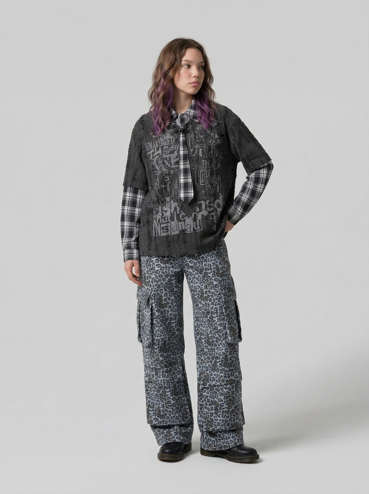 Grunge graphic long-sleeve shirt with plaid details — model photo