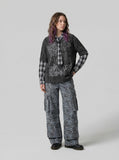 Grunge graphic long-sleeve shirt with plaid details — model photo