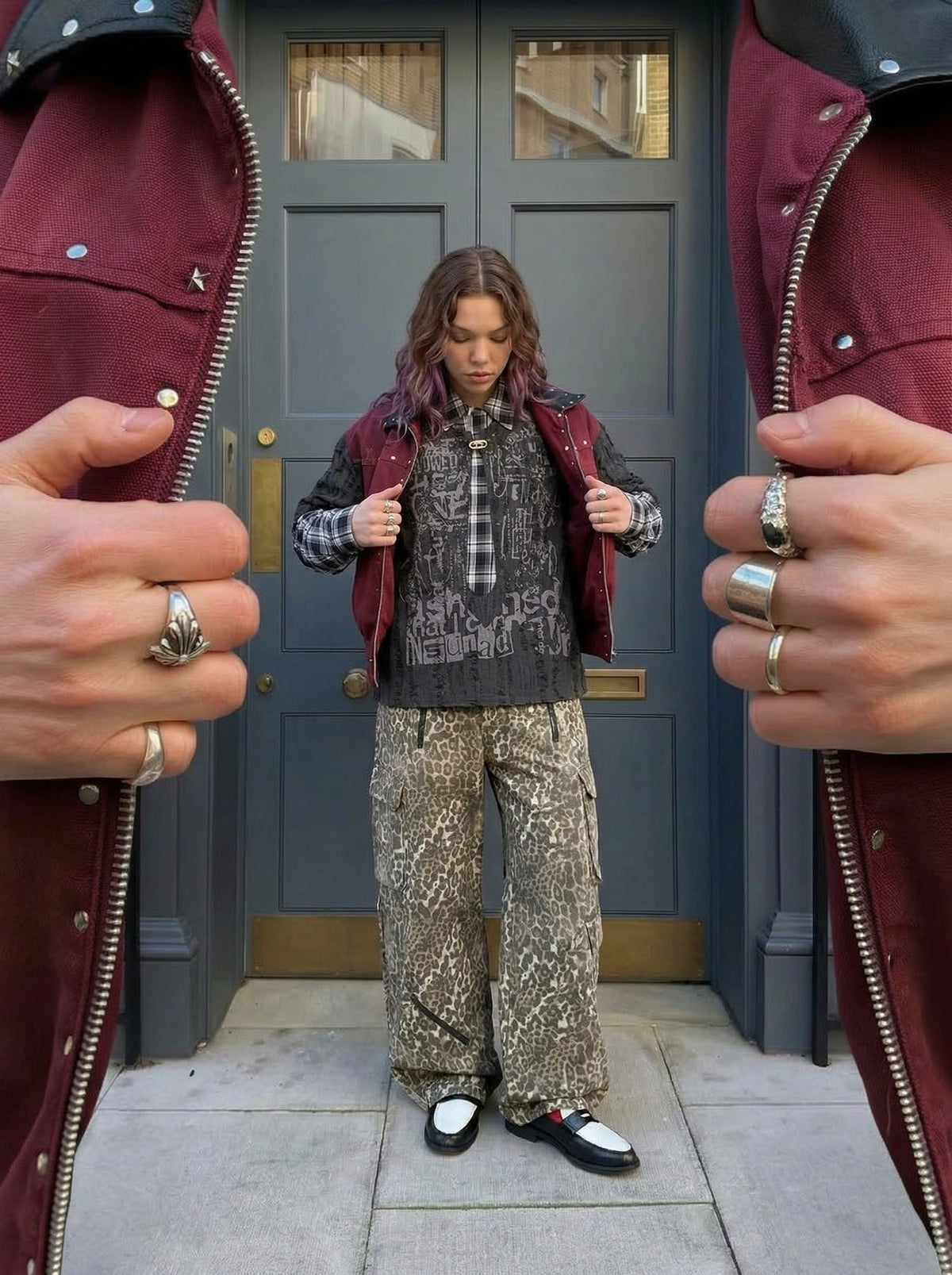 Grunge graphic long-sleeve shirt with plaid details — model photo