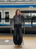 Grunge graphic long-sleeve shirt with plaid details — model photo