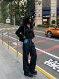 DAXUEN dark blue wide-leg denim pants with star and stripes graphic — model photo