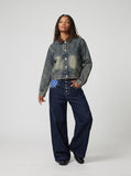 DAXUEN dark blue wide-leg denim pants with star and stripes graphic — model photo