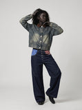 DAXUEN dark blue wide-leg denim pants with star and stripes graphic — model photo