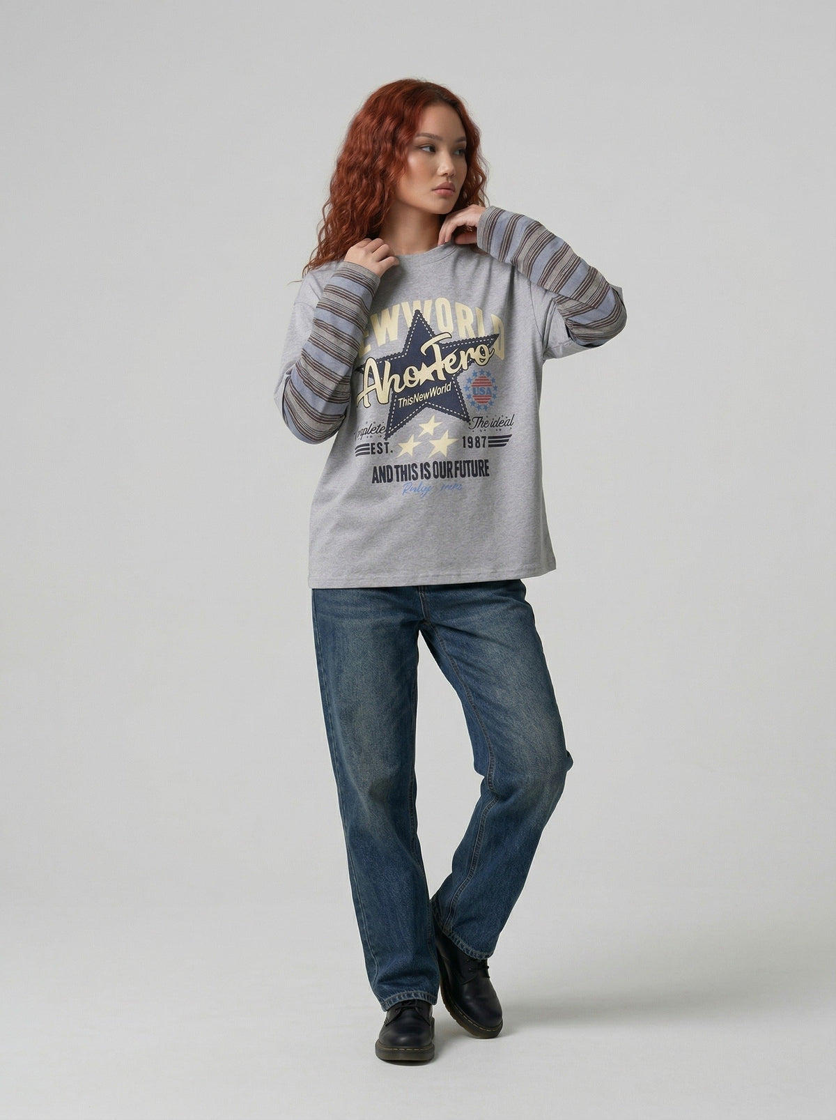 DAXUEN Relaxed-fit long-sleeve crew neck t-shirt with graphic print — model photo