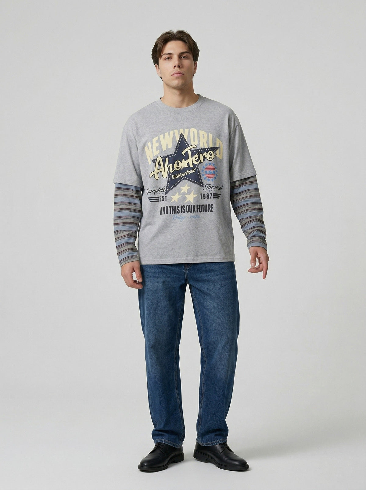 DAXUEN Relaxed-fit long-sleeve crew neck t-shirt with graphic print — model photo