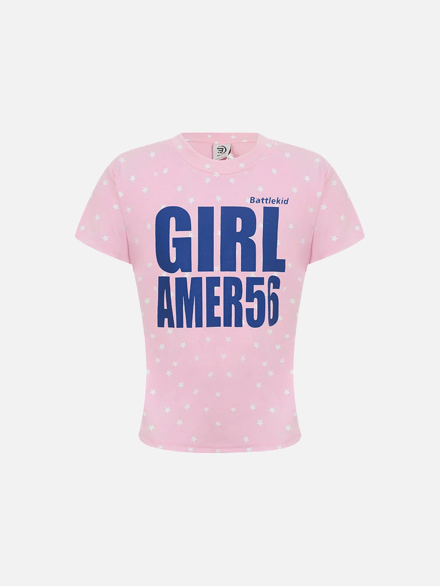 DAXUEN Star print crew neck T-shirt with bold text