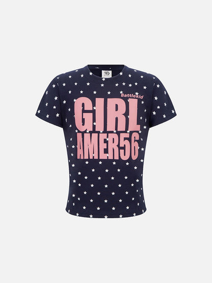 DAXUEN Star print crew neck T-shirt with bold text