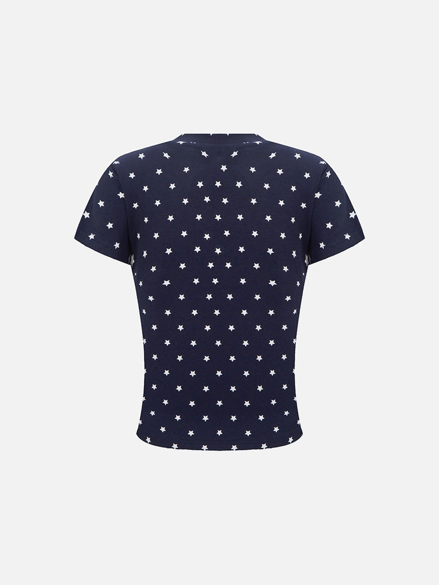 DAXUEN Star print crew neck T-shirt with bold text