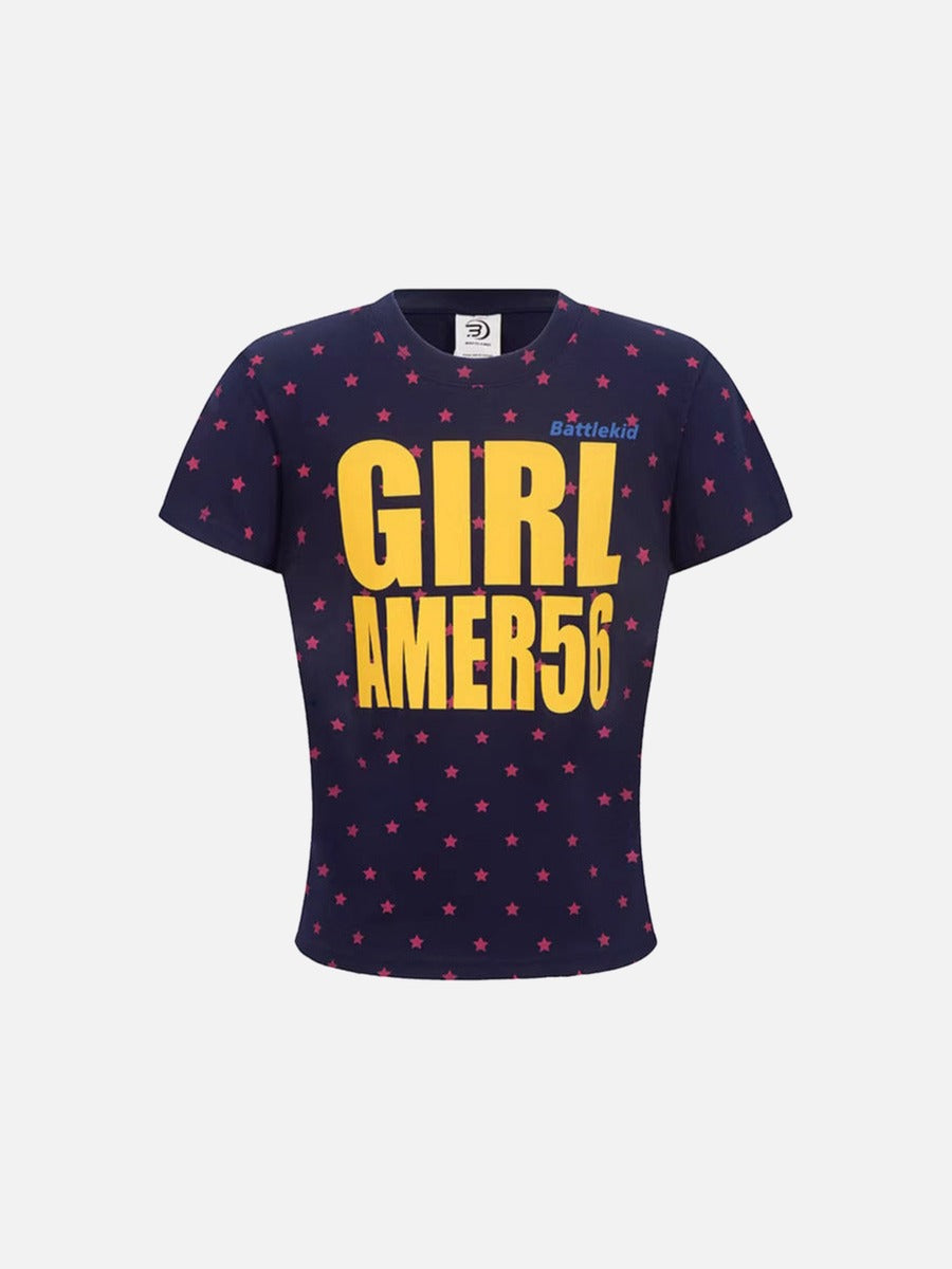 DAXUEN Star print crew neck T-shirt with bold text