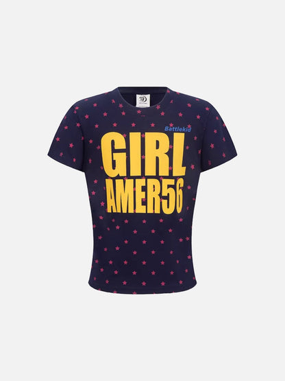 DAXUEN Star print crew neck T-shirt with bold text