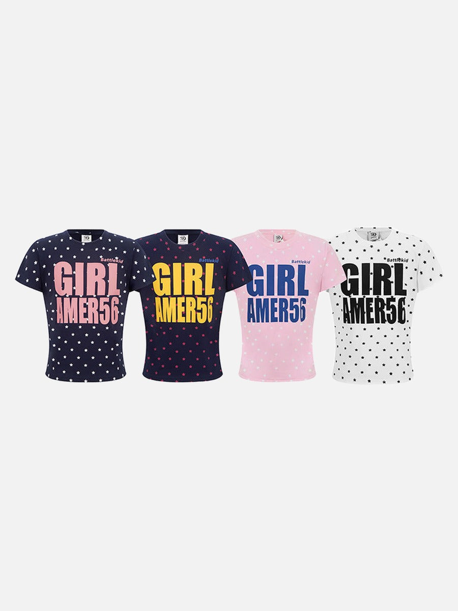 DAXUEN Star print crew neck T-shirt with bold text