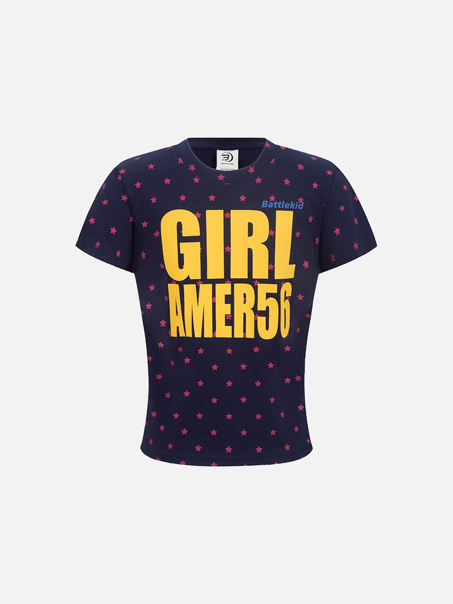 DAXUEN Star print crew neck T-shirt with bold text