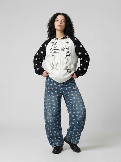 DAXUEN Colour-blocked full-zip hoodie with star graphics — model photo