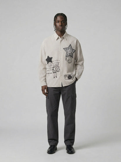 DAXUEN Loose-fitting long-sleeved collared shirt with star graphics — model photo