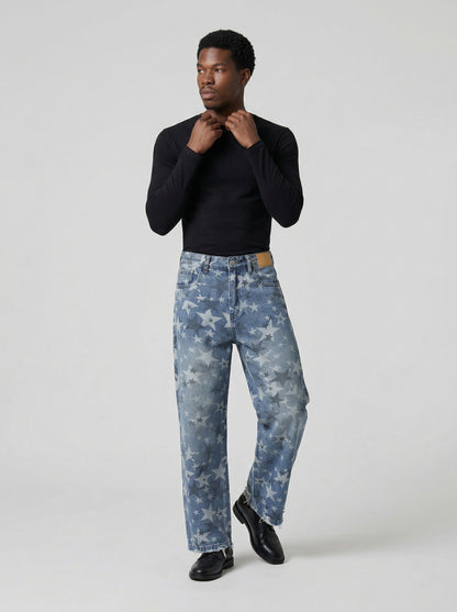 DAXUEN Wide-leg denim jeans with star print and distressed details — model photo