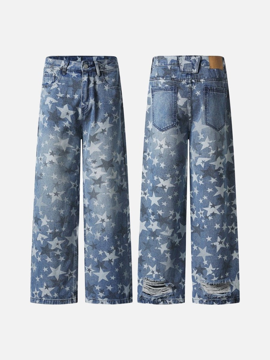DAXUEN Wide-leg denim jeans with star print and distressed details