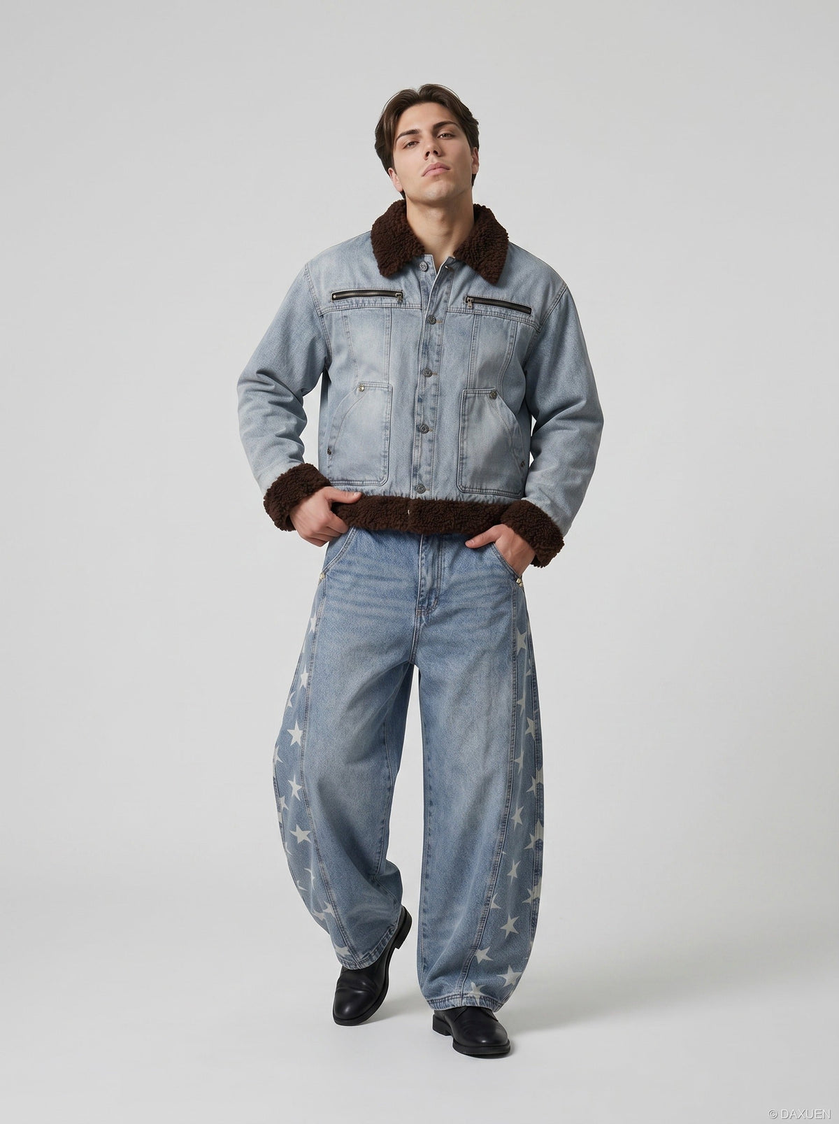 DAXUEN High-waisted wide-leg denim jeans with star prints — model photo