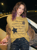 DAXUEN Oversized short-sleeved T-shirt with graphic text and star patches — model photo