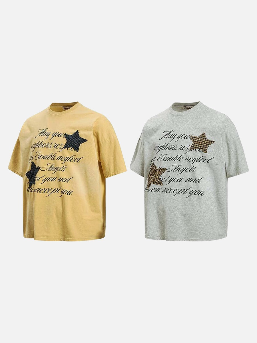 DAXUEN Oversized short-sleeved T-shirt with graphic text and star patches