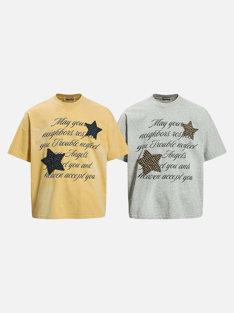DAXUEN Oversized short-sleeved T-shirt with graphic text and star patches
