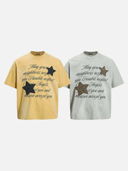 DAXUEN Oversized short-sleeved T-shirt with graphic text and star patches
