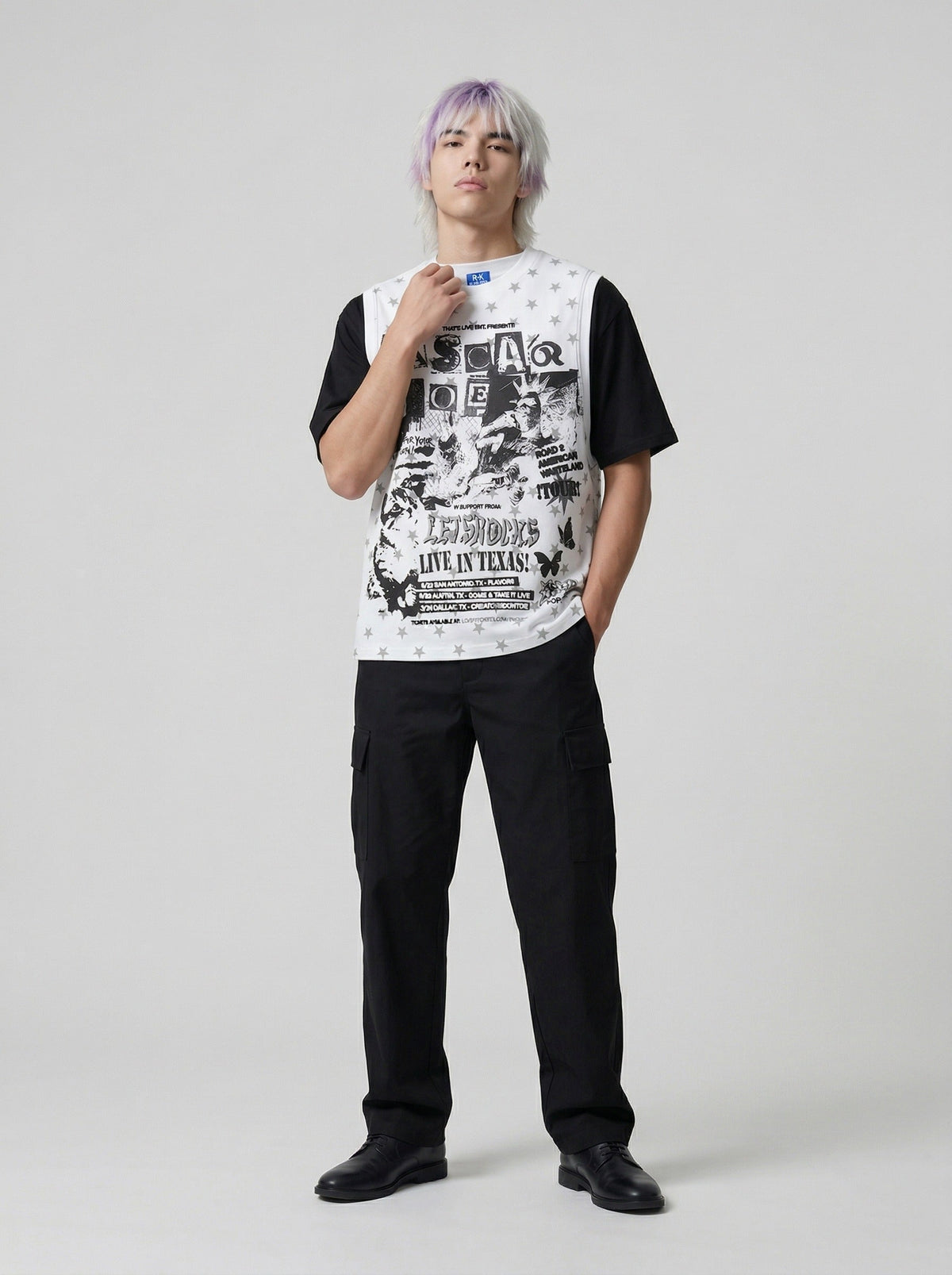 DAXUEN Layered top featuring graphic print vest over t-shirt — model photo