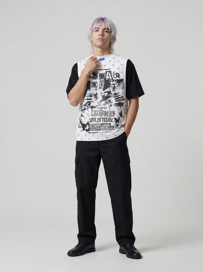 DAXUEN Layered top featuring graphic print vest over t-shirt — model photo