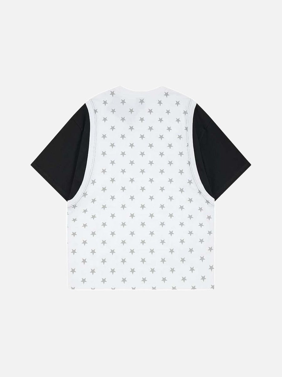 DAXUEN Layered top featuring graphic print vest over t-shirt