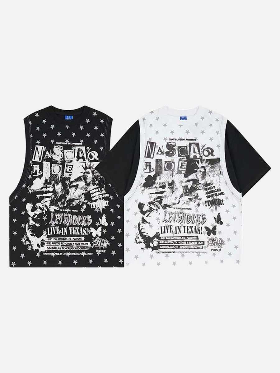 DAXUEN Layered top featuring graphic print vest over t-shirt