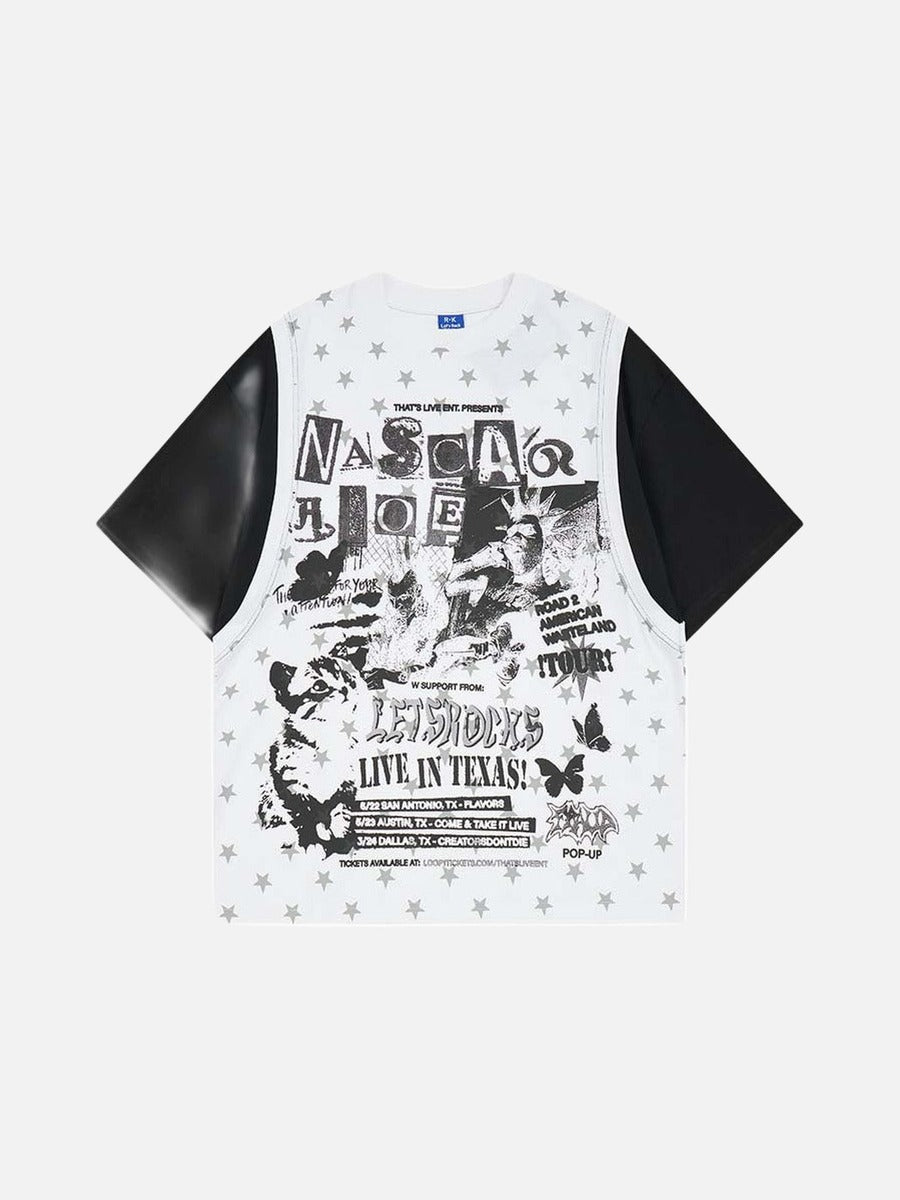 DAXUEN Layered top featuring graphic print vest over t-shirt