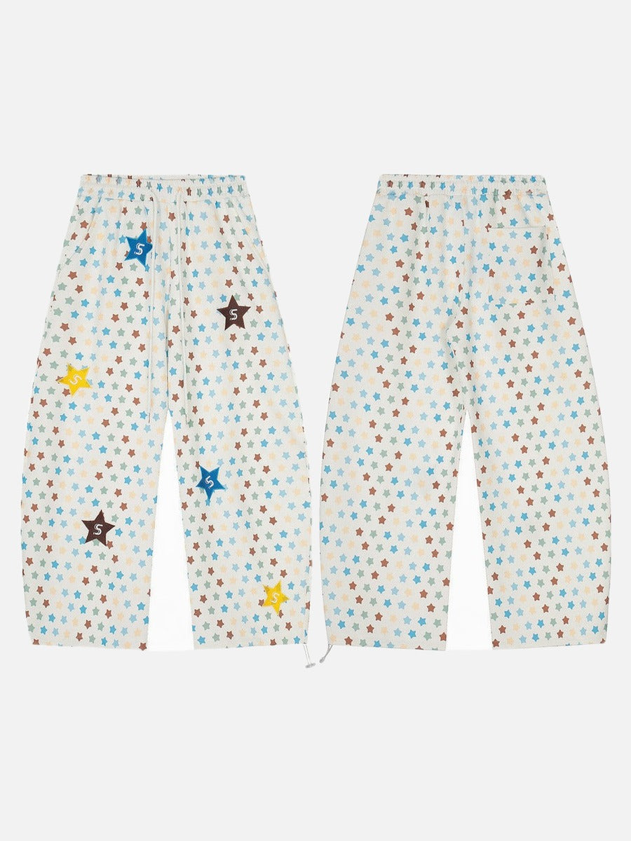 DAXUEN Cream wide-leg pants with star print and embroidery