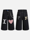 DAXUEN Black wide-leg denim shorts with appliqué details