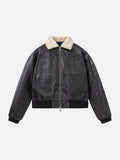 Distressed Faux Leather Bomber Jacket with Fur Collar