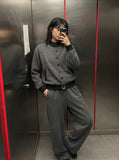 DAXUEN grey striped mock neck cardigan jacket — model photo