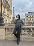 DAXUEN black oversized striped long-sleeve tee — model photo