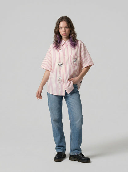 DAXUEN Striped short sleeve button-up shirt with animal embroidery — model photo