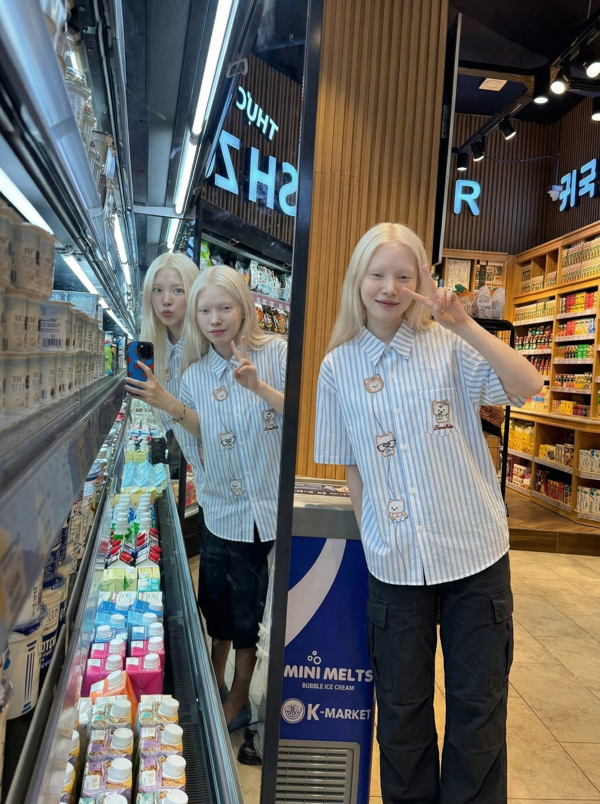 DAXUEN Striped short sleeve button-up shirt with animal embroidery — model photo