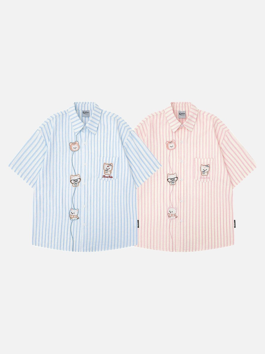 DAXUEN Striped short sleeve button-up shirt with animal embroidery