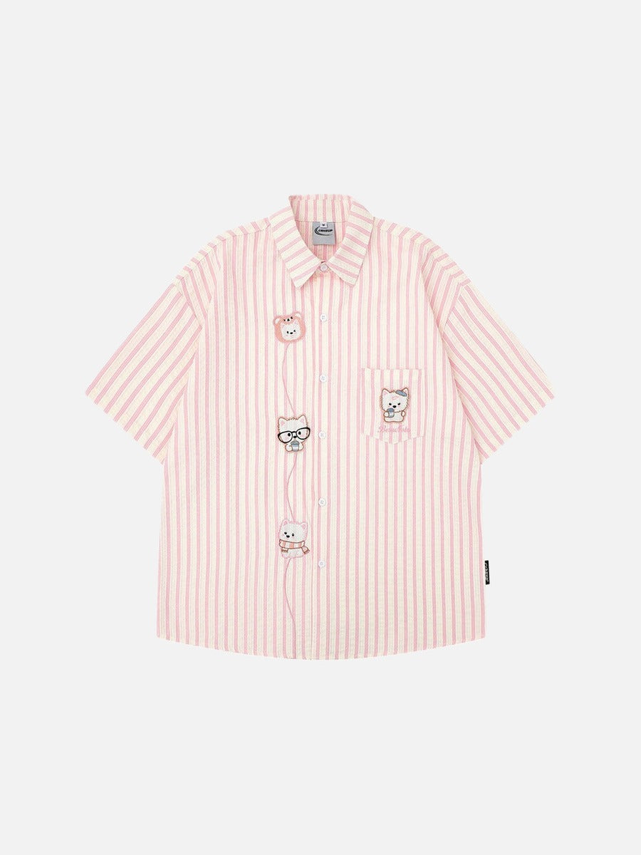 DAXUEN Striped short sleeve button-up shirt with animal embroidery