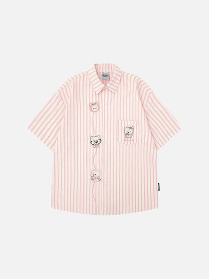 DAXUEN Striped short sleeve button-up shirt with animal embroidery