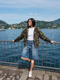 DAXUEN blue wide-leg denim shorts with studded waistband — model photo
