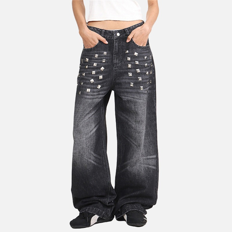 DAXUEN Distressed wide-leg jeans with pyramid studs