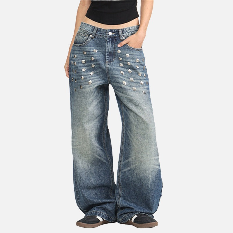 DAXUEN Distressed wide-leg jeans with pyramid studs