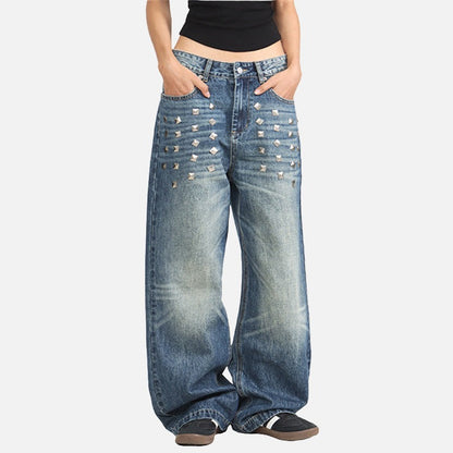 DAXUEN Distressed wide-leg jeans with pyramid studs