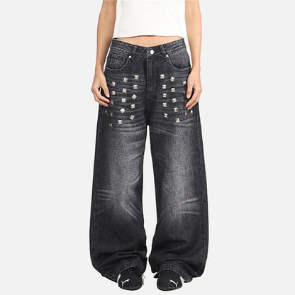 DAXUEN Distressed wide-leg jeans with pyramid studs