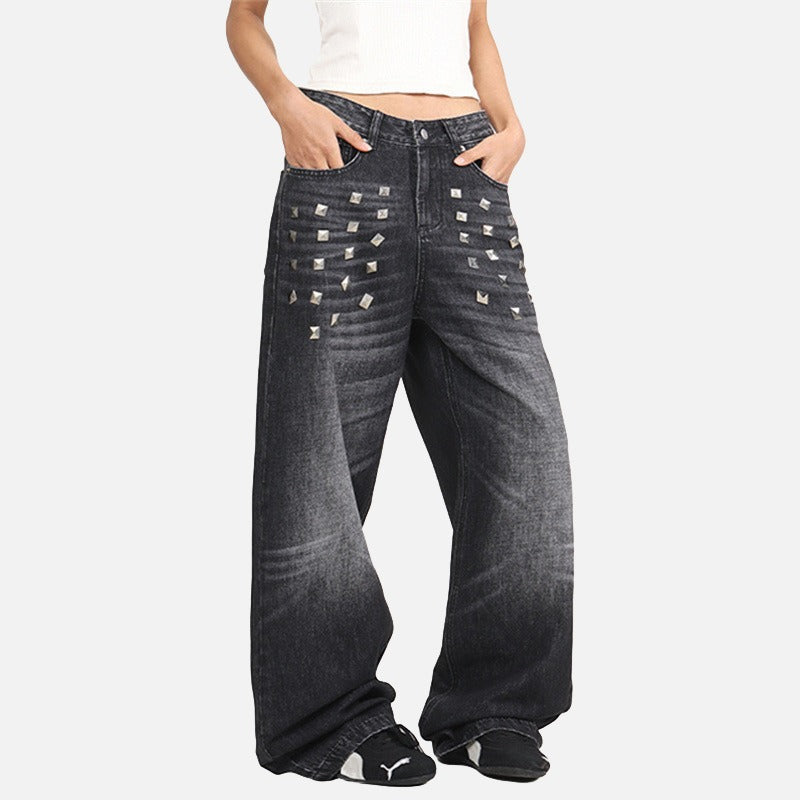 DAXUEN Distressed wide-leg jeans with pyramid studs