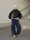 DAXUEN navy blue wide-leg cargo pants with pink accents — model photo