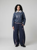 DAXUEN navy blue wide-leg cargo pants with pink accents — model photo